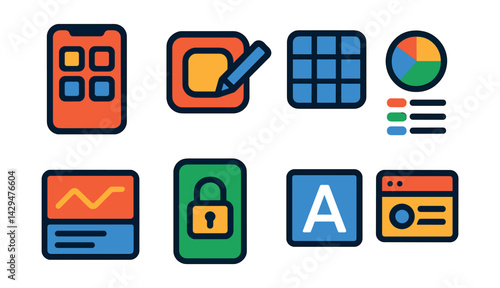 Flat vector icons of UI customization apps: home screen, app icon editor, layout grid, color theme, widget setup, lockscreen preview, font style, interface preview.