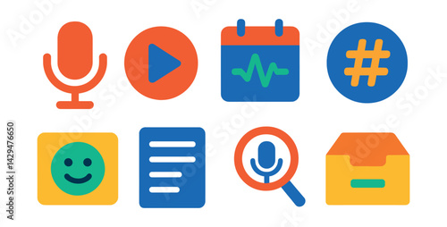 Flat vector icons of voice diary apps: microphone icon, play recording, calendar entry, voice tag, emotion label, text transcript, search voice, archive icon.