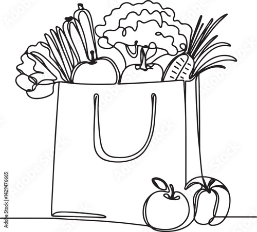continuous line sketch of veggies inside grocery bag