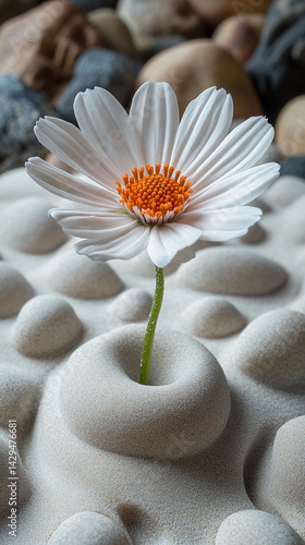 A delicate white flower rests on smooth neutral sand marked by a gentle circular pattern symbolizing peace balance renewal and the harmony between nature and mindfulness in a calm setting

