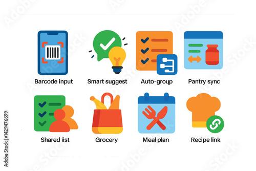 Flat vector icons of smart grocery list apps: barcode input, smart suggestion, auto group, pantry sync, shared list, grocery icon, meal plan, recipe link.