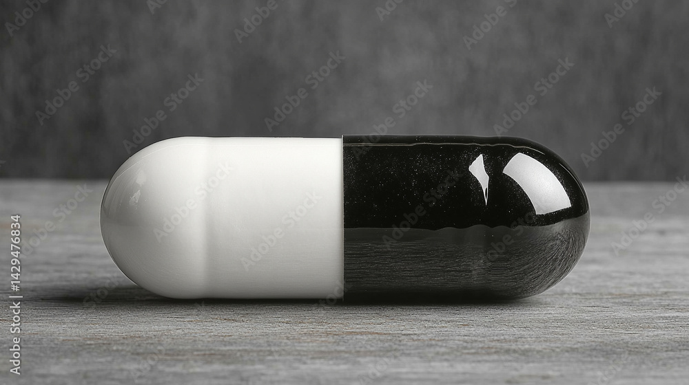 White and black pills on a neutral surface symbolize the inner conflict between truth and illusion belief and reality right and wrong with a blurred caption space inviting personal interpretation