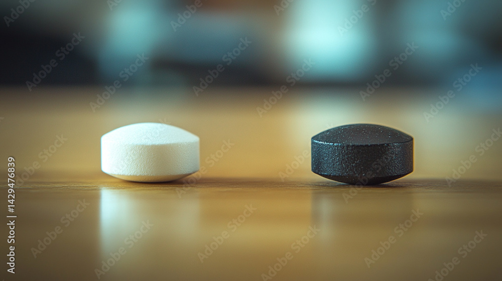 White and black pills on a neutral surface symbolize the inner conflict between truth and illusion belief and reality right and wrong with a blurred caption space inviting personal interpretation