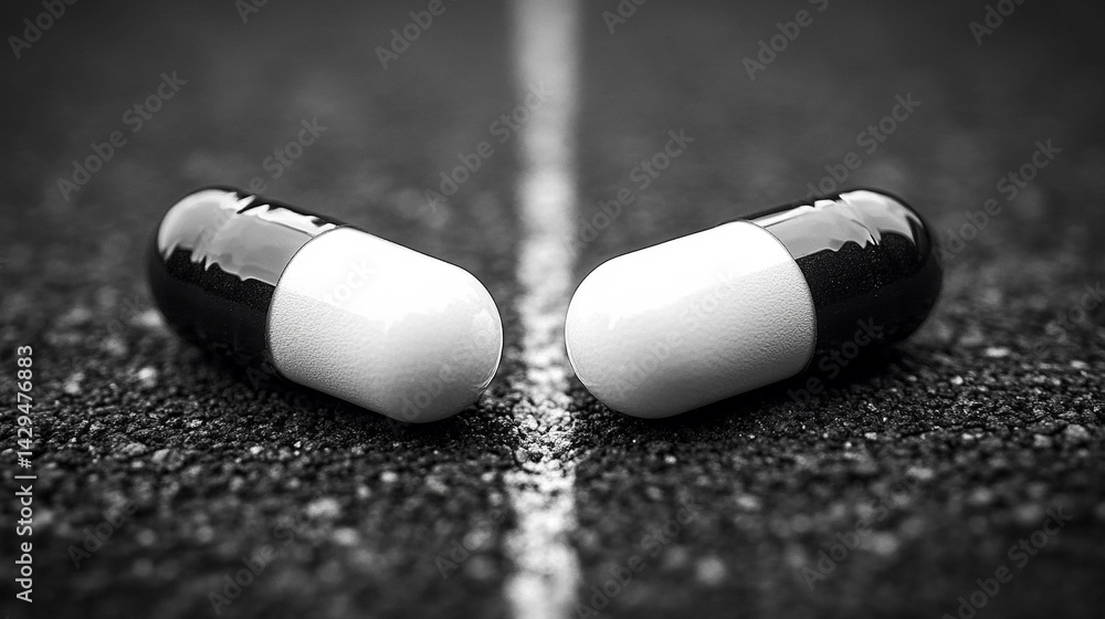White and black pills on a neutral surface symbolize the inner conflict between truth and illusion belief and reality right and wrong with a blurred caption space inviting personal interpretation