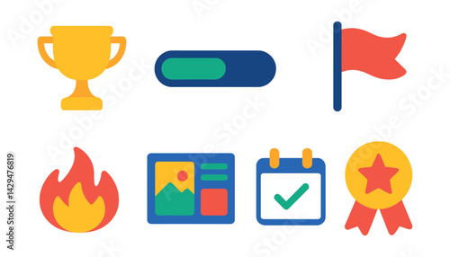 Flat vector icons of goal tracking apps: trophy icon, progress bar, milestone tag, goal flag, success streak, vision board, daily action, motivation badge.