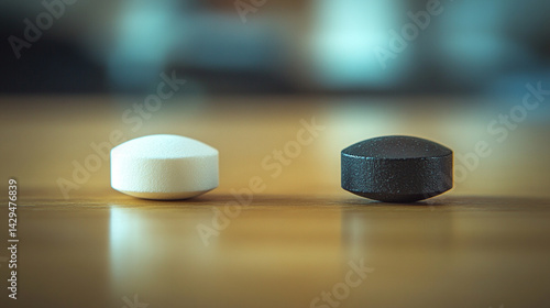 Obraz na płótnie White and black pills on a neutral surface symbolize the inner conflict between truth and illusion belief and reality right and wrong with a blurred caption space inviting personal interpretation
w salonie