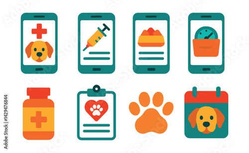 Flat vector icons of pet health apps: vet visit, vaccination log, feeding chart, weight tracker, medication icon, health record, paw print, pet calendar.