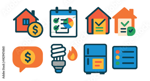 Flat vector icons of roommate management apps: rent tracker, task split, shared calendar, house rules, payment request, utility icon, fridge note, roommate list.