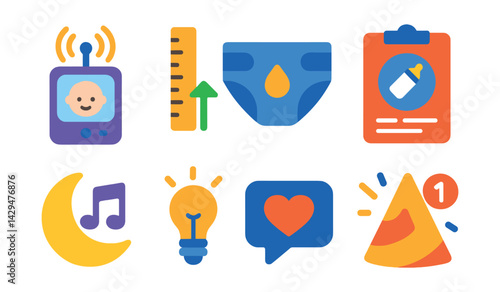 Flat vector icons of parenting assistant apps: baby monitor, growth tracker, diaper log, feed schedule, lullaby player, activity idea, parenting tips, milestone alert.