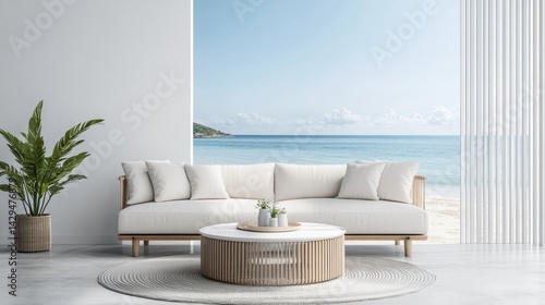 A modern house or luxury hotel features a large living room with a sofa on a wooden floor, offering a minimal home interior 3d rendering that includes a sky and sea view