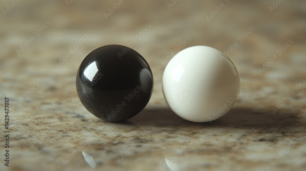 White and black pills on a neutral surface symbolize the inner conflict between truth and illusion belief and reality right and wrong with a blurred caption space inviting personal interpretation