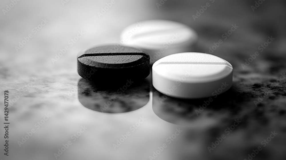 White and black pills on a neutral surface symbolize the inner conflict between truth and illusion belief and reality right and wrong with a blurred caption space inviting personal interpretation