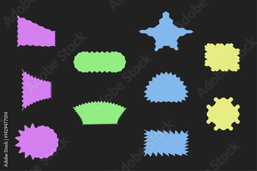 Abstract zig zag wavy brutal shape frames. Rectangular, square and round abstract clouds, flowers and text boxes shapes. Flat jagged oval and scallop edge shapes set. Groovy kids graphic designs