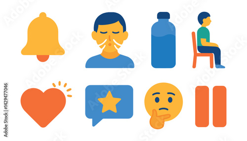 Flat vector icons of mindfulness reminder apps: bell icon, deep breath, water break, posture check, gratitude moment, positive message, reflection emoji, pause screen.