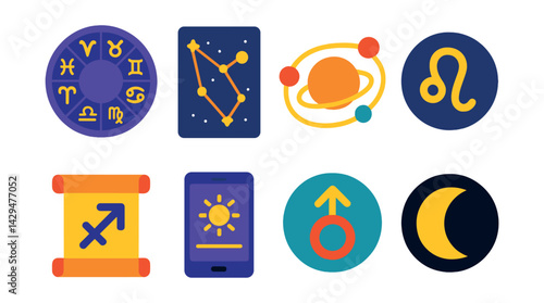 Flat vector icons of astrology apps: zodiac wheel, star chart, planet position, birth sign, horoscope scroll, daily forecast, ascendant icon, moon phase.