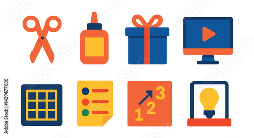 Flat vector icons of DIY and craft apps: scissors icon, glue bottle, handmade gift, tutorial icon, pattern grid, material list, steps icon, showcase idea.