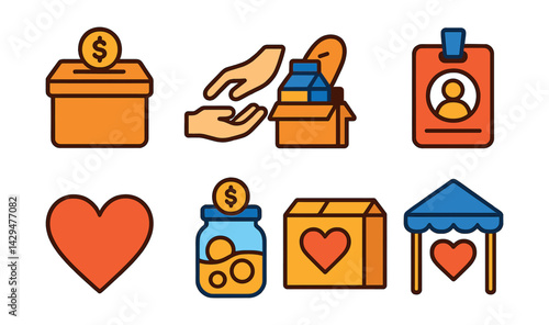 Flat vector icons of charity support: donation box, helping hands, food drive, volunteer badge, heart symbol, fundraising jar, care package, charity event.