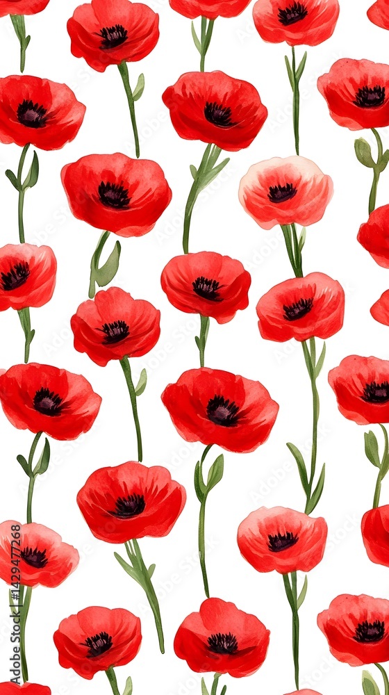 Fototapeta premium Vibrant Red Poppy Flower Watercolor Seamless Pattern