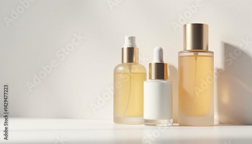 Luxury skincare products, elegant bottles on white , glow, background