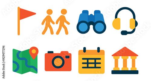 Flat vector icons of local guides and tours: tour flag, walking group, binoculars, audio headset, city map, photo stop, schedule, cultural landmark.