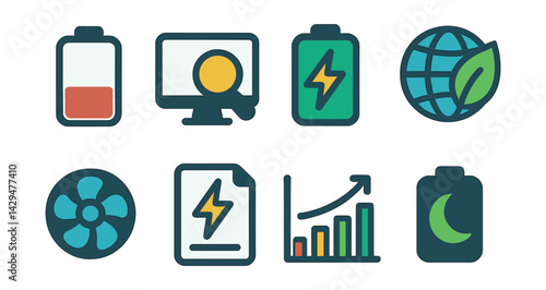 Flat vector icons of battery optimizer: battery level, usage monitor, charging speed, power saver, cooling icon, energy report, usage graph, saver mode.