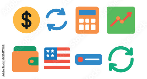 Flat vector icons of currency converters: currency symbol, exchange arrows, calculator, rate graph, wallet icon, country flag, input field, refresh button.