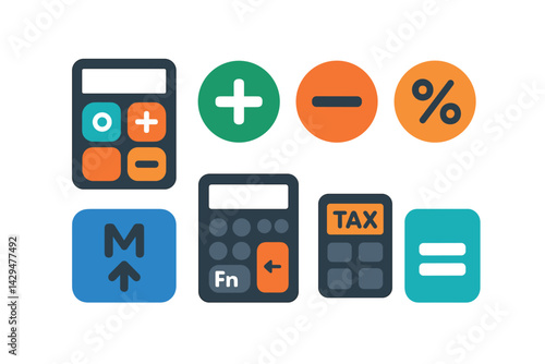 Flat vector icons of calculator apps: calculator screen, add button, subtract symbol, percent sign, memory recall, scientific mode, tax calc, result box.