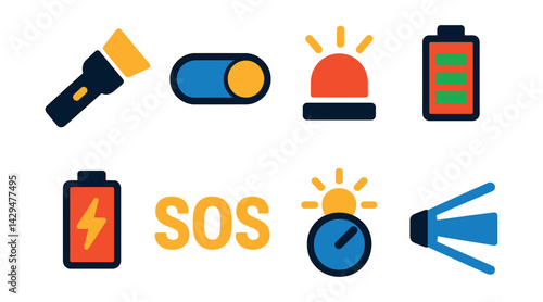 Flat vector icons of flashlight tools: flashlight beam, toggle switch, strobe mode, battery indicator, SOS flash, low power, adjustable brightness, beam icon.