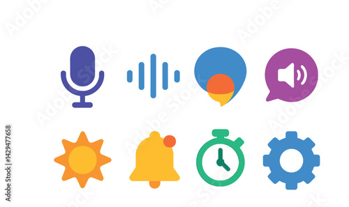 Flat vector icons of voice assistants: microphone icon, waveform graphic, smart command, voice reply, weather query, task reminder, timer control, settings gear.