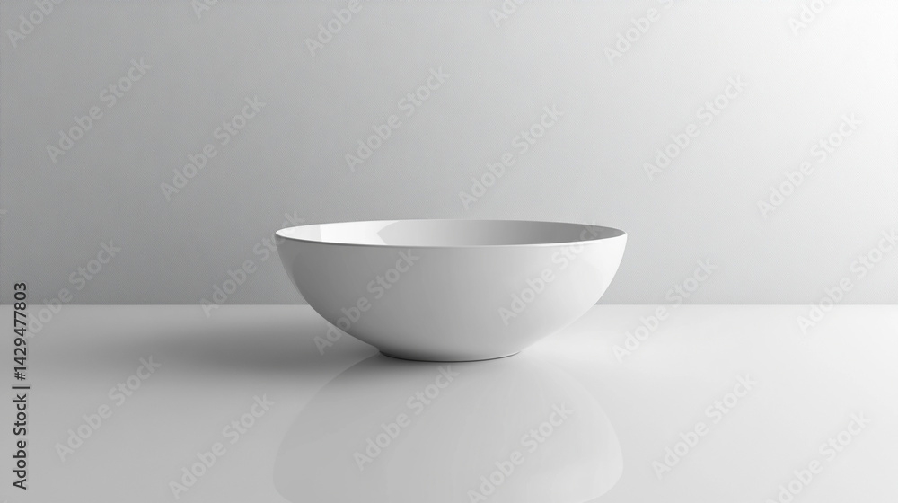 White shiny porcelain bowl placed on a clean white surface symbolizes purity simplicity and modern minimalism perfect for product mockups culinary branding or lifestyle presentation