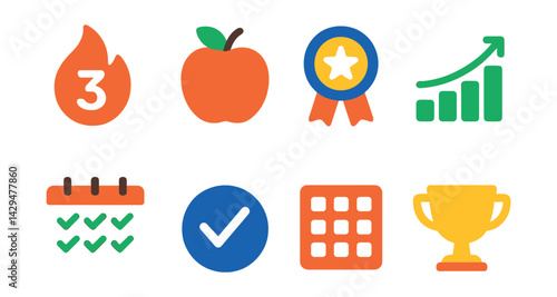Flat vector icons of habit tracker tools: daily streak, habit icon, motivation badge, progress chart, weekly goal, completion check, task grid, reward trophy.