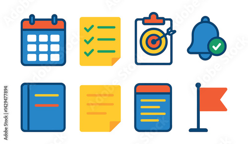 Flat vector icons of daily planner apps: calendar grid, to-do list, goal tracker, event reminder, day overview, note icon, schedule tab, priority flag.