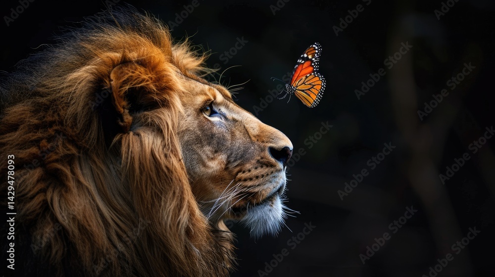 Fototapeta premium a photo portrait of a lion looking a butterfly in flamme, national geographic style, ultradetailled, photography real,
