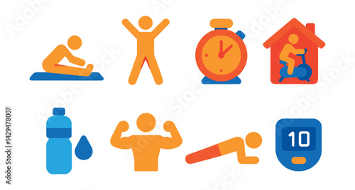 Flat vector icons of home workout apps: mat exercise, jumping jack, timer set, home trainer, water break, bodyweight icon, plank pose, rep counter.
