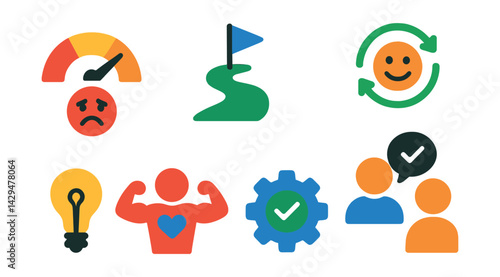 Flat vector icons of mental coaching apps: stress scale, calm path, mood reset, behavior coach, daily tip, inner strength, habit adjust, talk session.