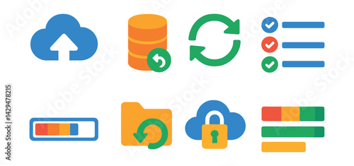 Flat vector icons of backup and restore tools: cloud backup, data restore, auto sync, version control, progress bar, file recovery, secure cloud, storage capacity.