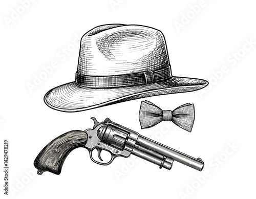 Vintage Fedora Hat with Revolver and Bowtie Illustration  