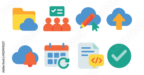 Flat vector icons of cloud productivity tools: project folder, team tasks, real-time edit, cloud share, notification ping, calendar sync, doc collaboration, check icon.