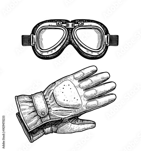 Vintage motorcycle goggles and gloves illustration on white background  
