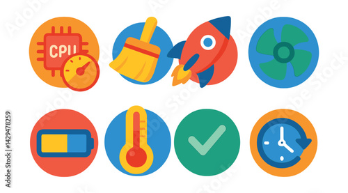 Flat vector icons of mobile performance tools: CPU speed, RAM cleaner, app boost, cooling fan, storage usage, temp monitor, optimize icon, auto clear.
