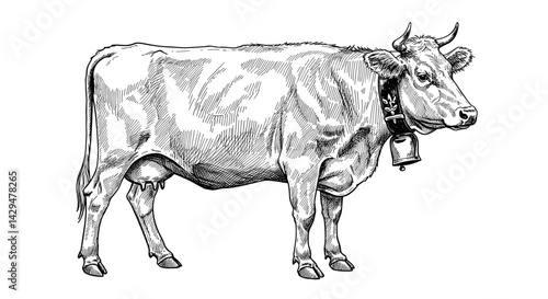 Full length Cow with a bell on collar standing in profile  isolated on white  