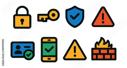 Flat vector icons of secure transaction: lock icon, encryption key, secure badge, fraud alert, authentication check, two-step verification, security warning, firewall.