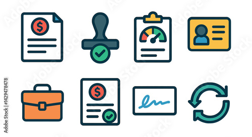 Flat vector icons of loan application: loan form, approval stamp, credit check, ID document, employment proof, loan offer, signature box, processing icon.