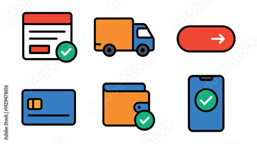Flat vector icons of e-commerce payment: checkout form, shipping method, discount code, total summary, pay now, card icon, wallet selection, confirmation screen.