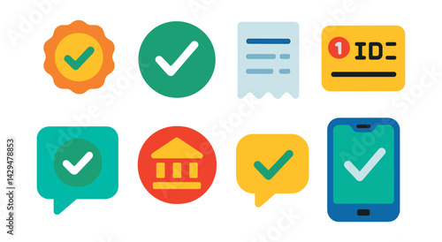 Flat vector icons of payment confirmation: success badge, checkmark icon, digital receipt, payment ID, transaction message, bank logo, SMS alert, confirmation screen.