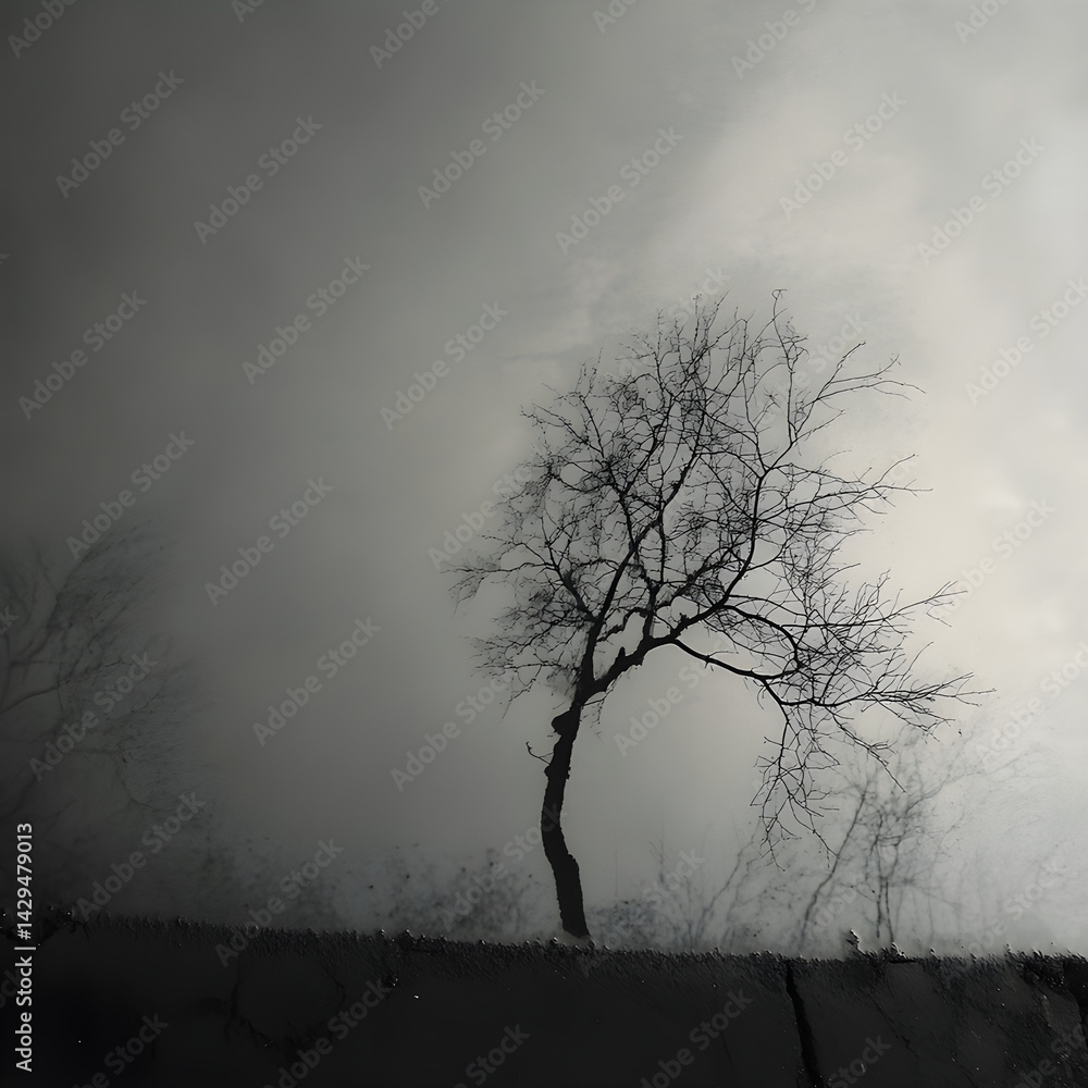 Bare tree in a foggy landscape.