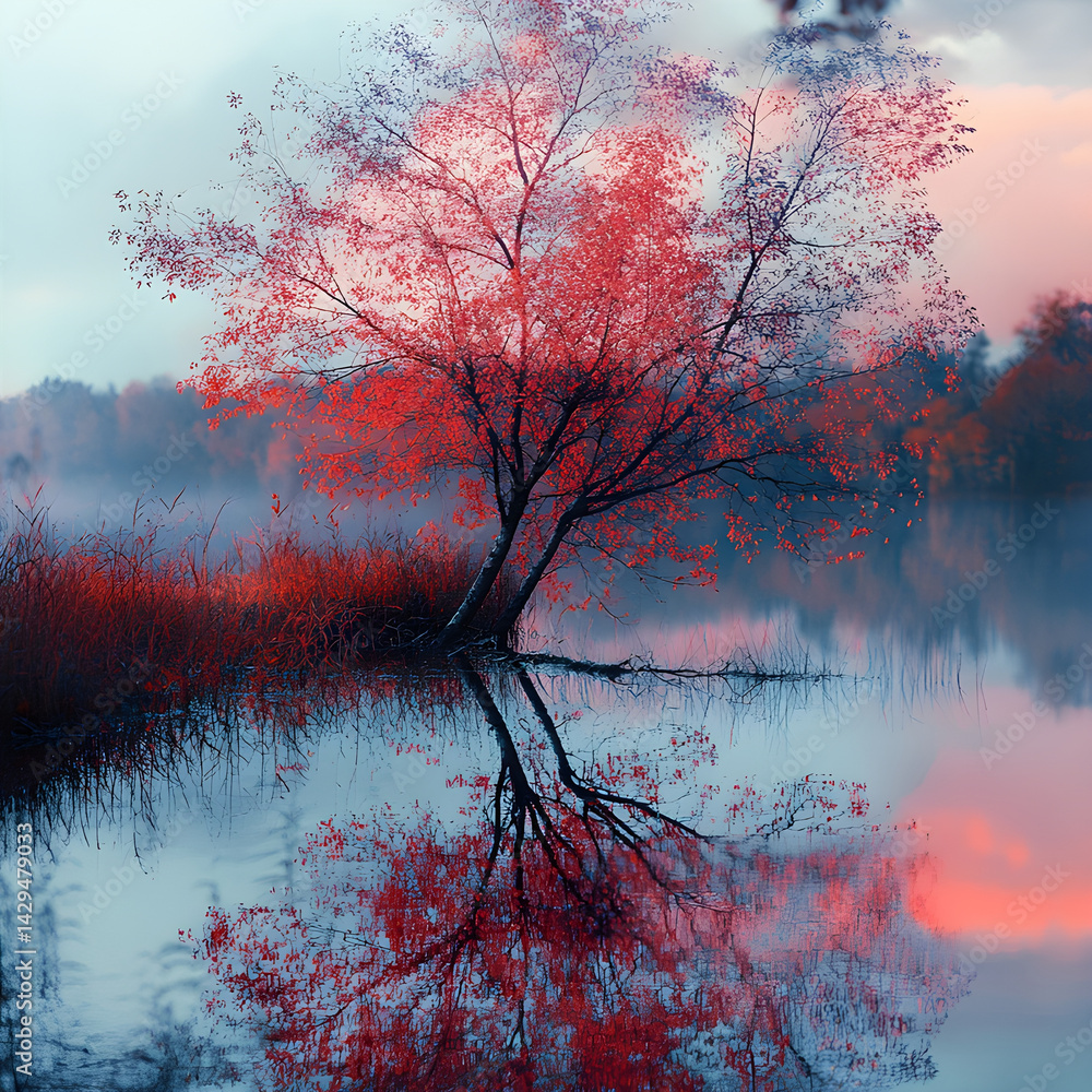 Autumn tree reflected in calm water.