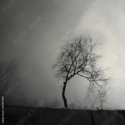 Obraz na płótnie Bare tree in a foggy landscape. w salonie