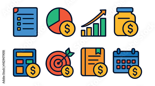 Flat vector icons of personal financial planning: planner sheet, expense pie, income growth, retirement fund, savings calculator, investment goals, money diary, financial calendar.