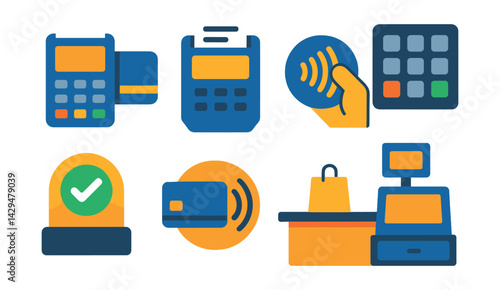 Flat vector icons of payment terminals and machines: card machine, receipt print, NFC point, terminal keypad, approval light, contactless tap, checkout table, POS icon.
